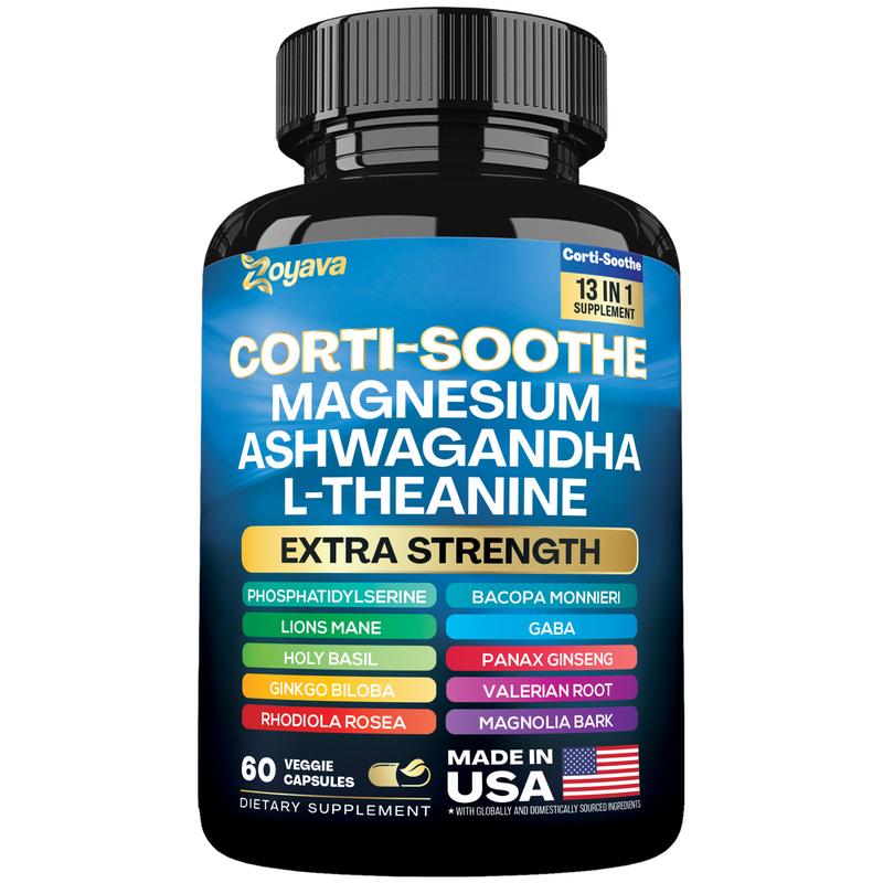 Corti-Soothe Supplement, All-in-One Cortisol Supplement with Magnesium, Ashwagandha, L-Theanine & 10+ Extra Strength Ingredients, 60 Capsules