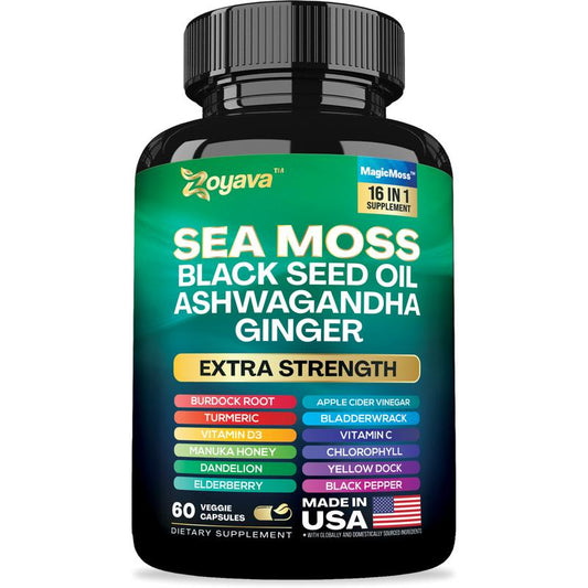 Sea Moss Supplement - All-in-One Multivitamin with Black Seed Oil, Ashwagandha & 15+ Extra Strength Ingredients - 60 Capsules